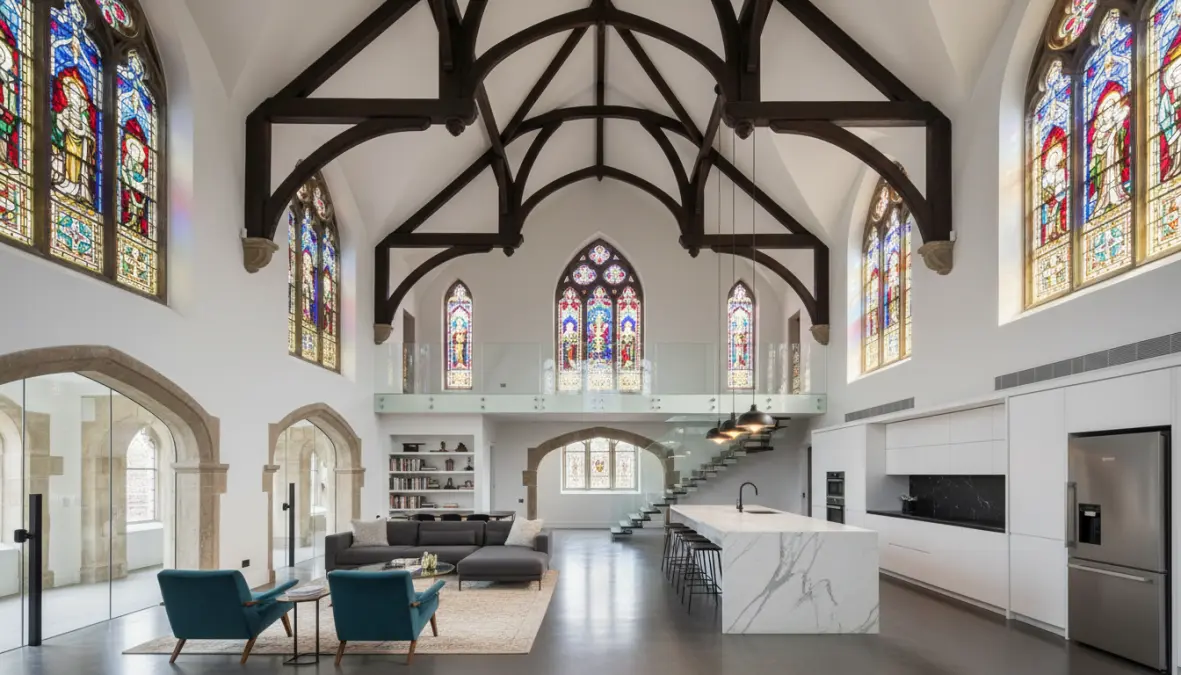 Old church conversion to residential space showing adaptive reuse architecture with preserved historic features