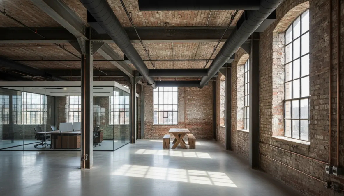 Historic building rehabilitation showing sustainable architecture reuse with preserved industrial elements