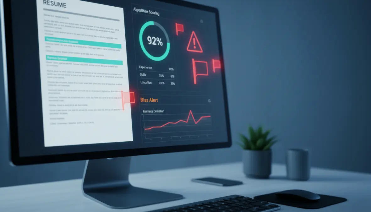 Automated resume screening discrimination shown through AI recruitment software interface