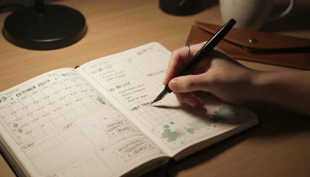 Hand writing in bullet journal demonstrating handwriting for memory retention and analog planning tools
