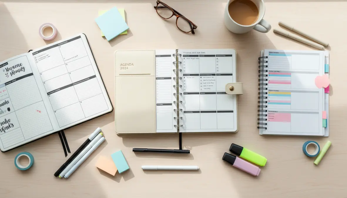 Different types of paper planners showing various analog productivity methods and planning systems