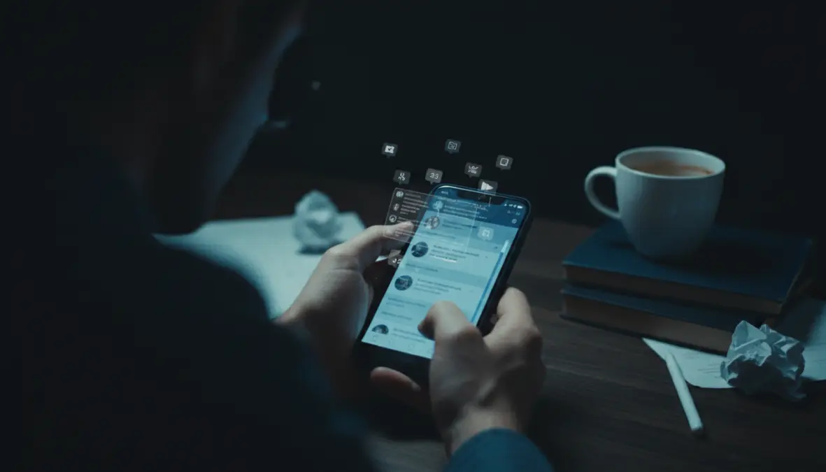 Person scrolling through social media feed at night demonstrating attention economy mechanisms