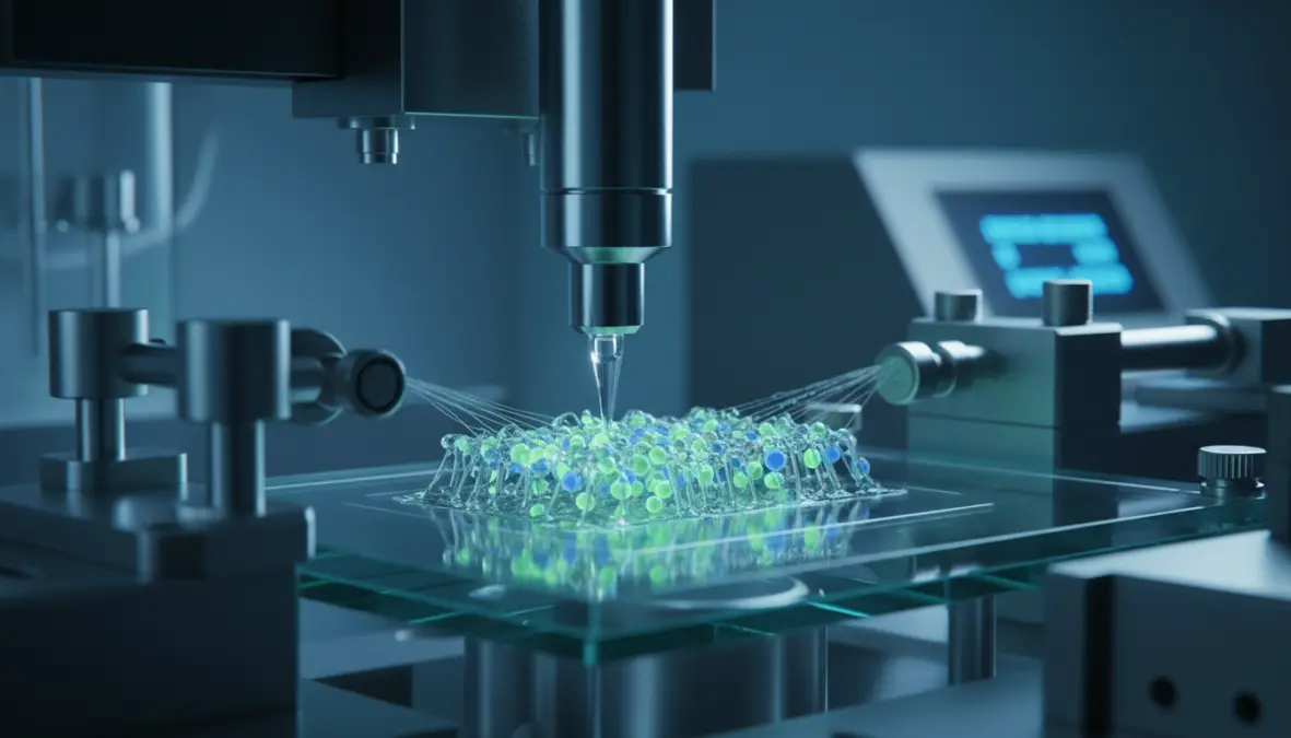 Bioink materials being deposited during 3D bioprinting technology process showing tissue engineering