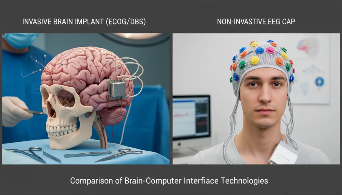 Confronto tra interfacce cerebrali invasive e non invasive con impianti cerebrali e dispositivi EEG esterni