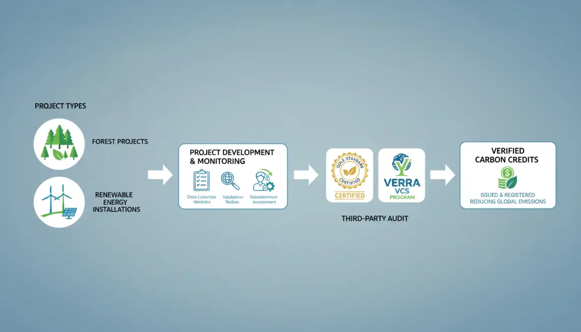 Carbon credit verification process showing how carbon offset programs generate certified credits