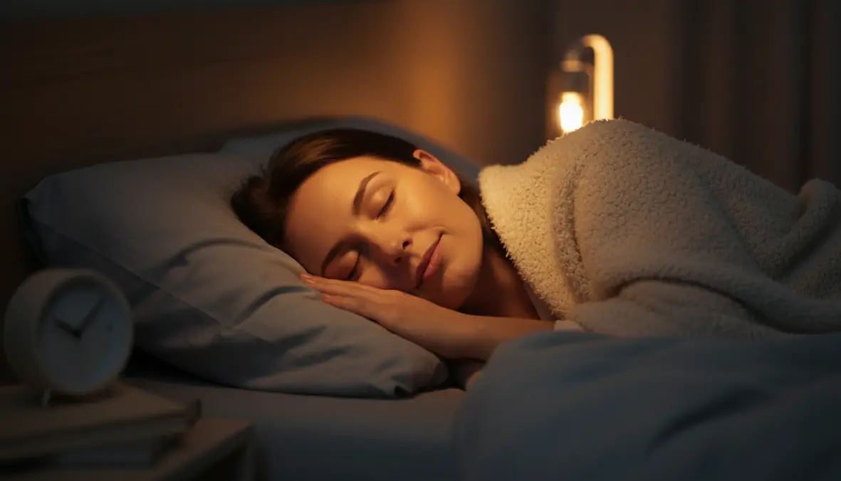 Person sleeping peacefully with circadian lighting smart bulb creating optimal sleep environment