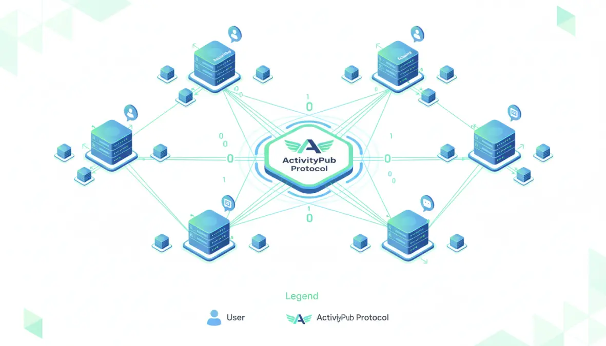 Diagram showing how federated social media and decentralized social networks distribute data across multiple nodes