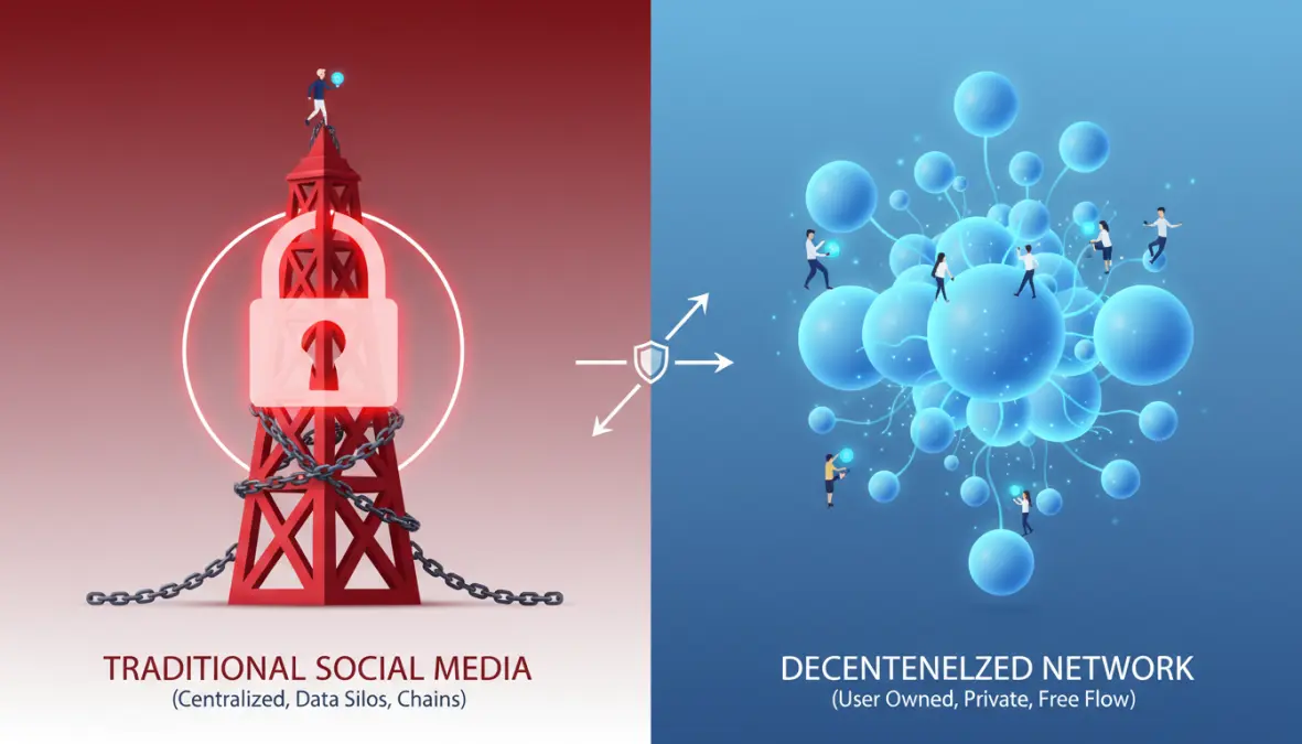 Comparison of traditional social media platforms versus decentralized social networks showing benefits and challenges