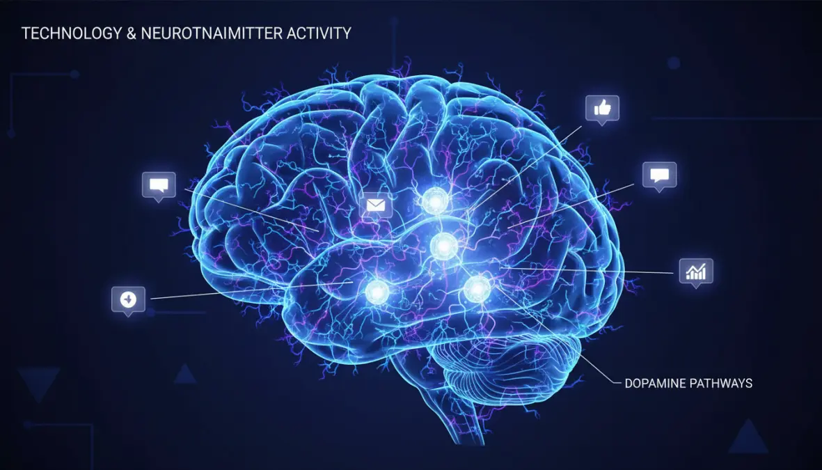 Scientific illustration showing dopamine detoxification and brain response to screen time and digital stimulation