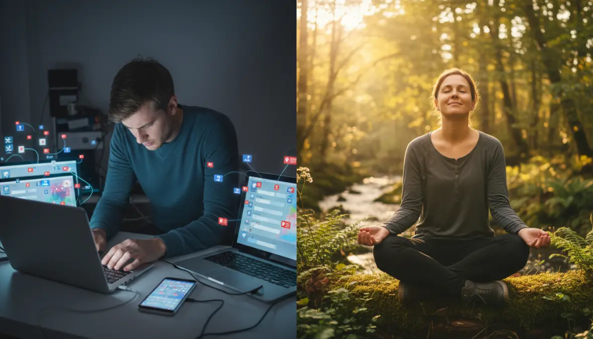 Comparison of digital burnout recovery showing smartphone detox results and offline retreat benefits