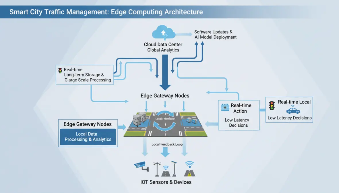 Edge computing architecture diagram showing how local data processing works with IoT devices and edge nodes