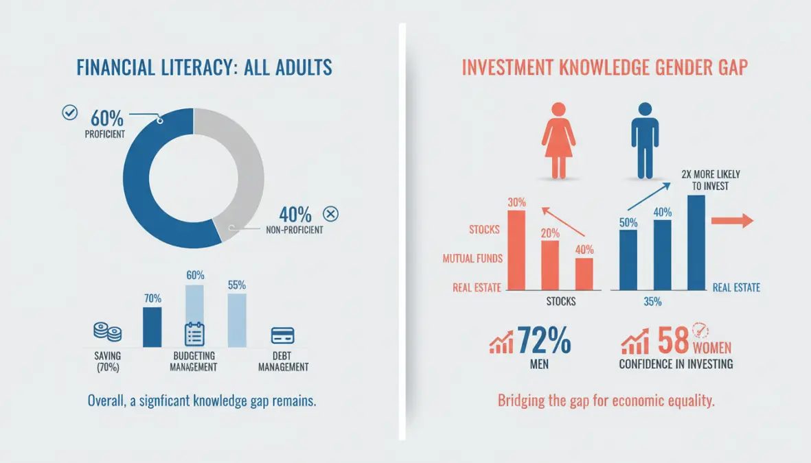 Financial literacy gender gap statistics showing differences in investment knowledge between men and women