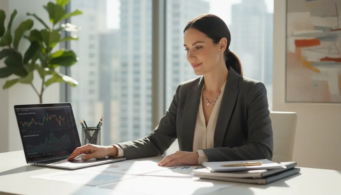 Woman confidently managing personal finances and investments demonstrating financial empowerment
