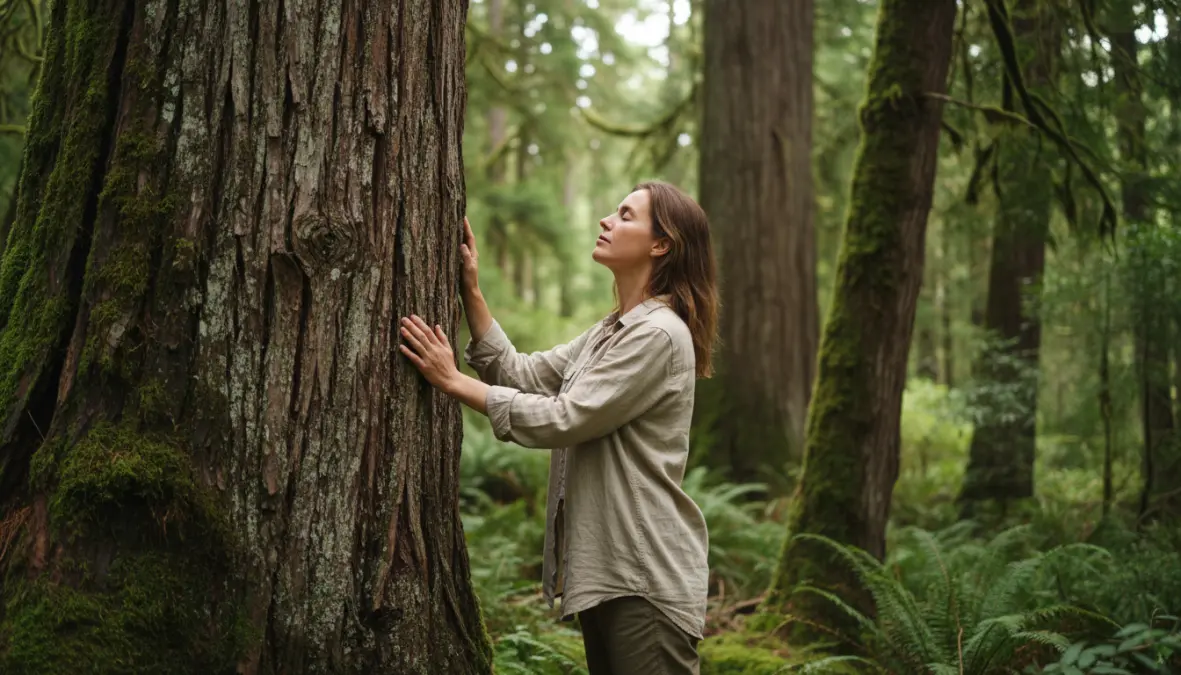 Person practicing shinrin-yoku therapy and experiencing therapeutic forest walking benefits
