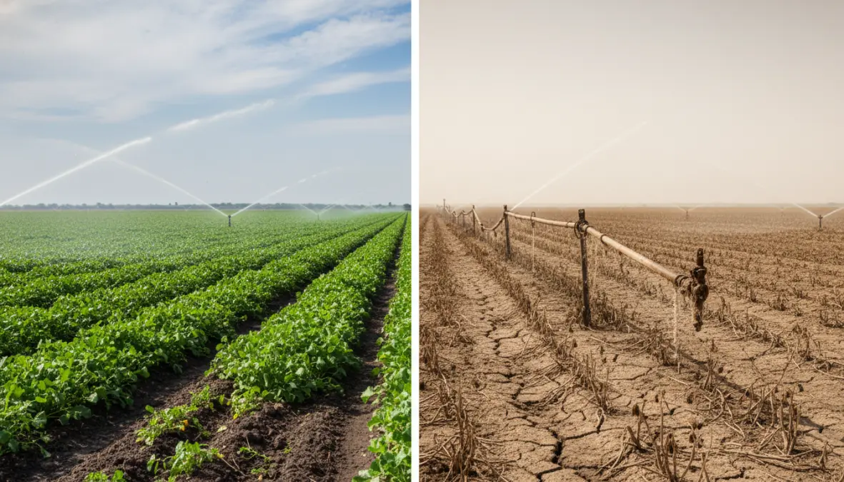 Agricultural land comparison showing water scarcity impact on farming and crop production