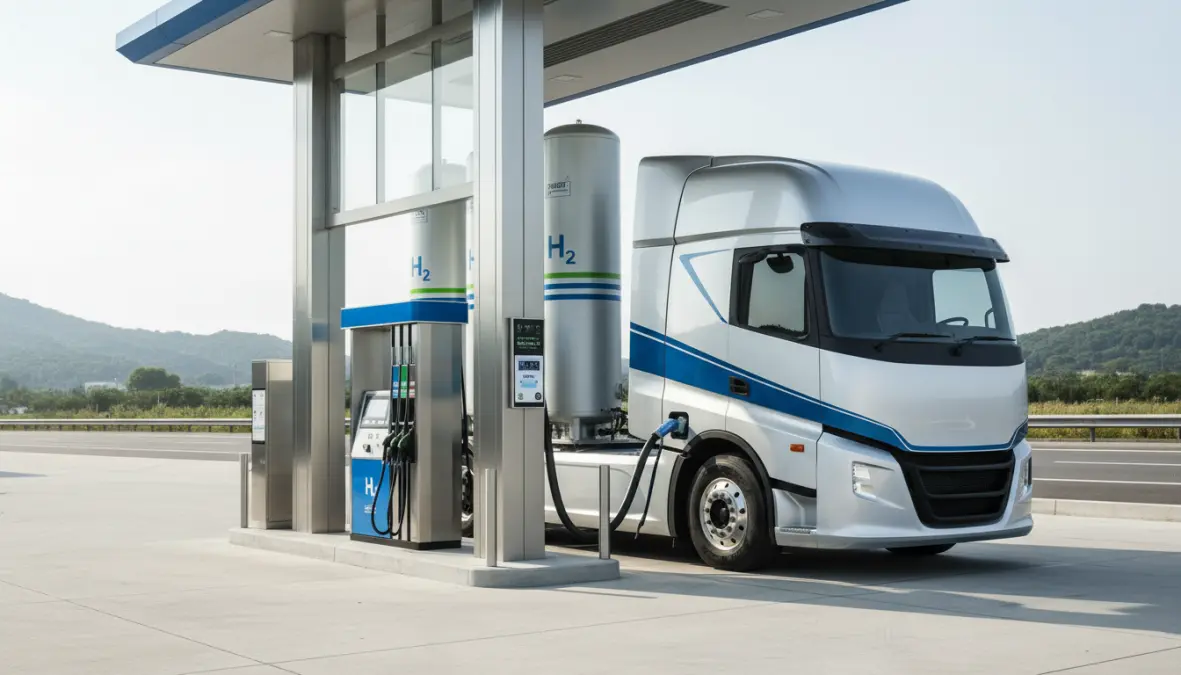 Hydrogen fuel cells powering heavy-duty transport vehicle at refueling station in green hydrogen economy
