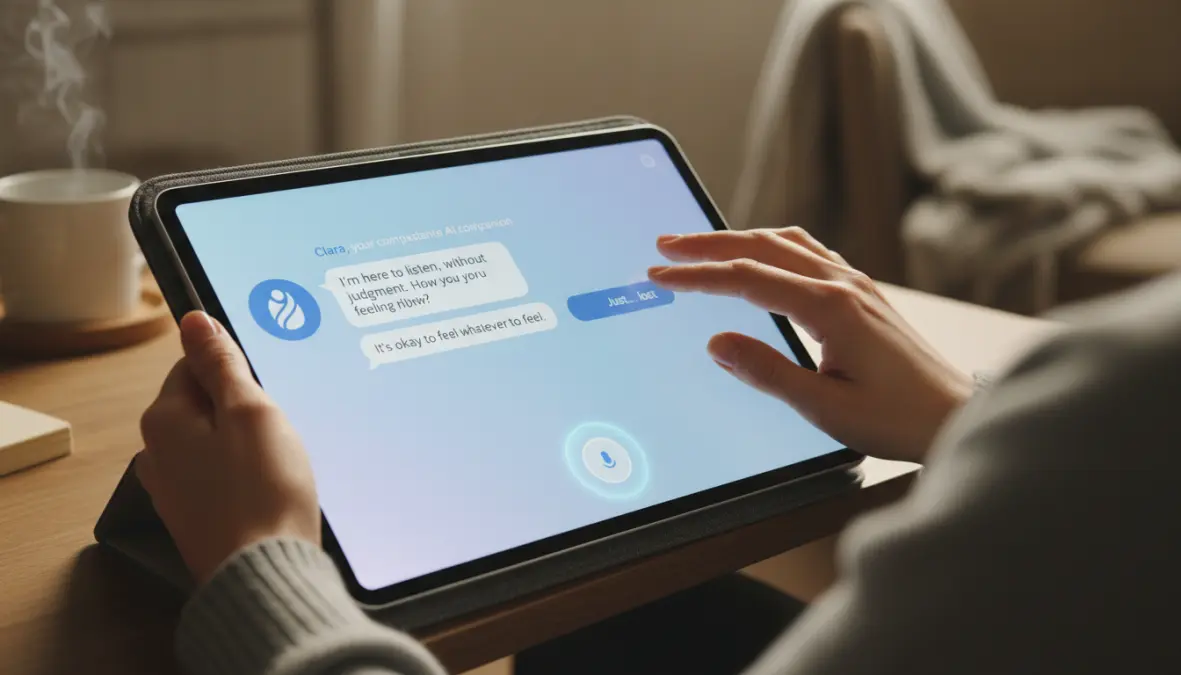 AI chatbots for grief support showing digital therapy conversation on tablet screen