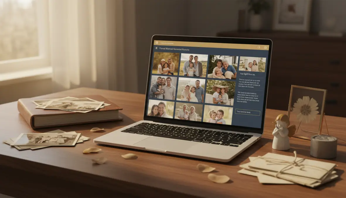 Virtual memorial platforms and digital mourning tools displayed on computer for bereavement