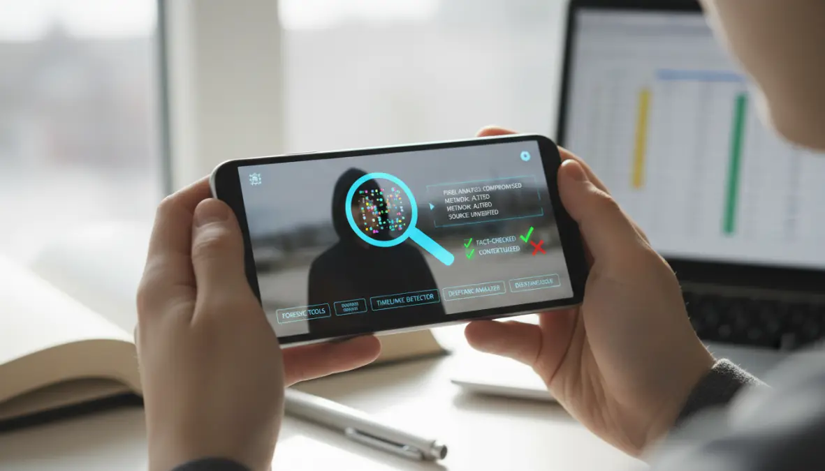 Digital media literacy and deepfake detection technology verifying media authenticity on mobile device