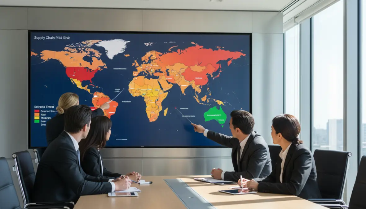 Business team developing supply chain resilience strategies for geopolitical risks
