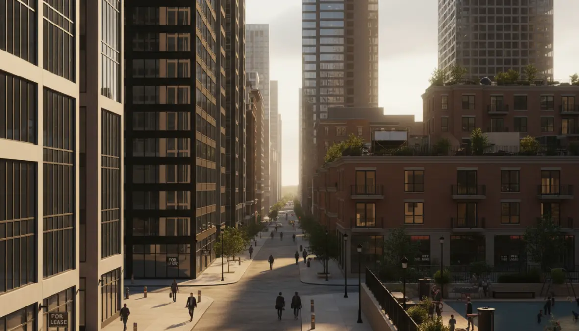 Downtown business district transformation showing impact of remote work on city centers and urban planning
