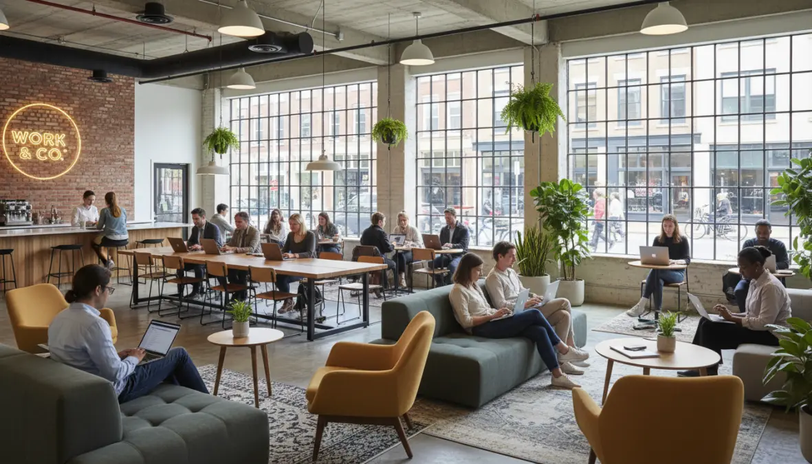 Community co-working space exemplifying city infrastructure changes for remote workers and telecommuting urban design