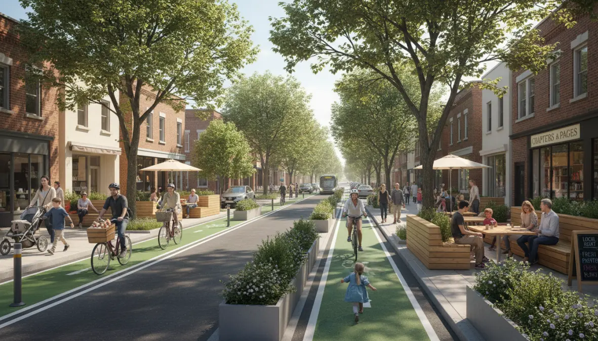Walkable neighborhood design showing urban development trends and infrastructure adaptations for remote work communities