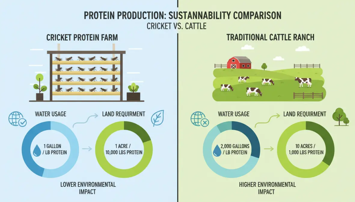 Confronto visivo tra allevamento sostenibile di grilli e allevamento tradizionale di bestiame che mostra i benefici ambientali della proteina di insetti
