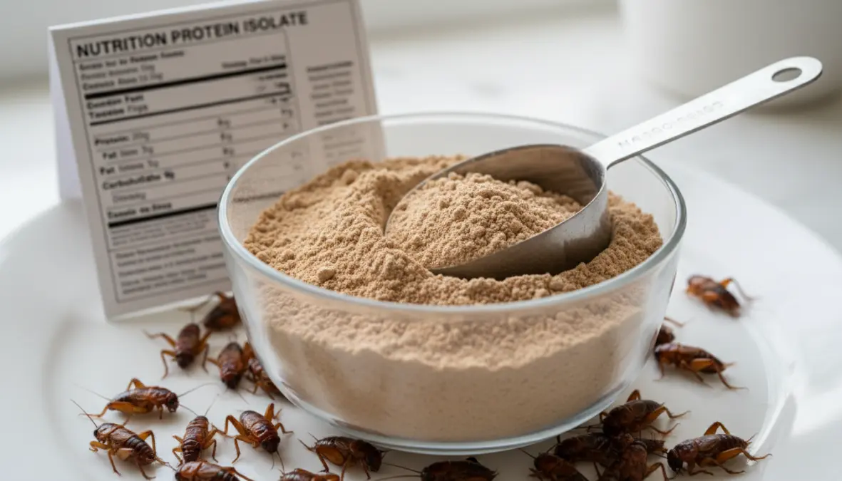 Polvere di proteine di grillo con insetti interi che mostra il contenuto nutrizionale e i benefici delle proteine di insetti