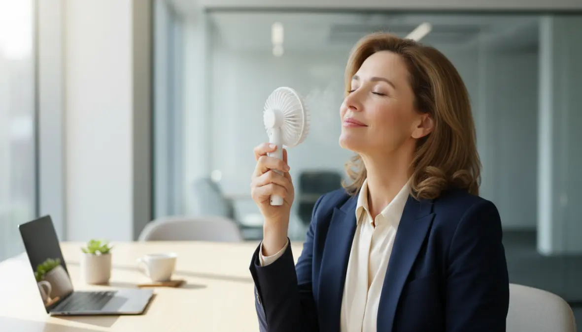 Donna professionista che usa un ventilatore personale in ufficio per gestire i sintomi della menopausa