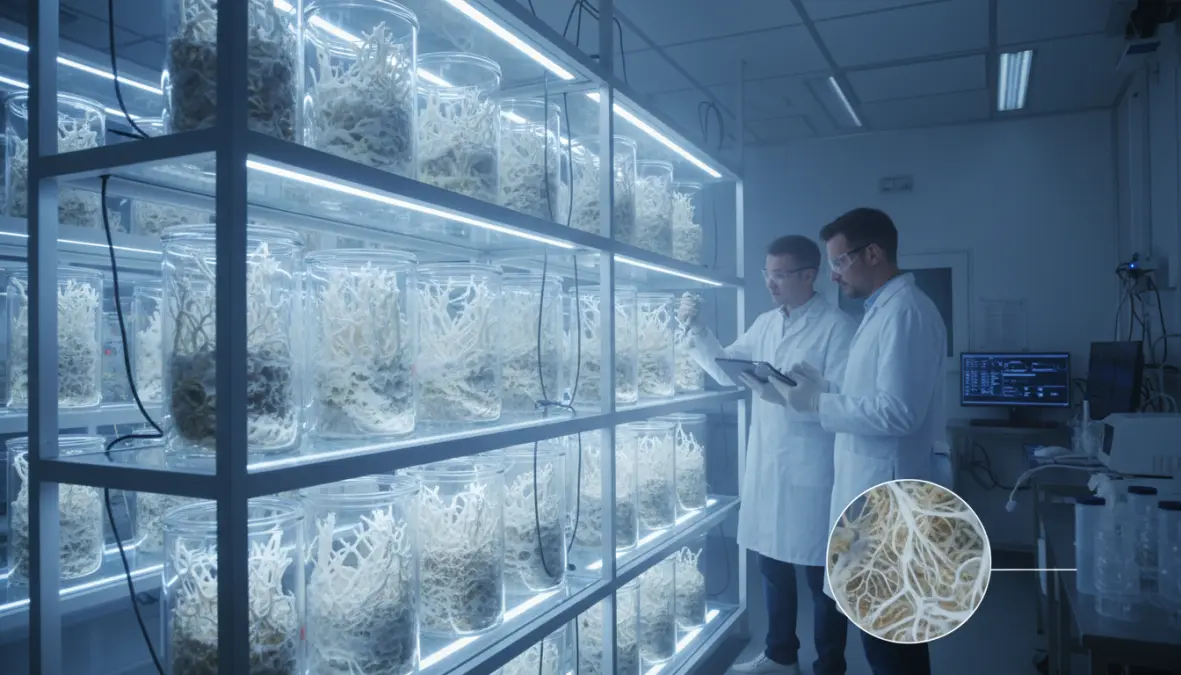 Mycelium leather production process in laboratory showing fungal leather growth