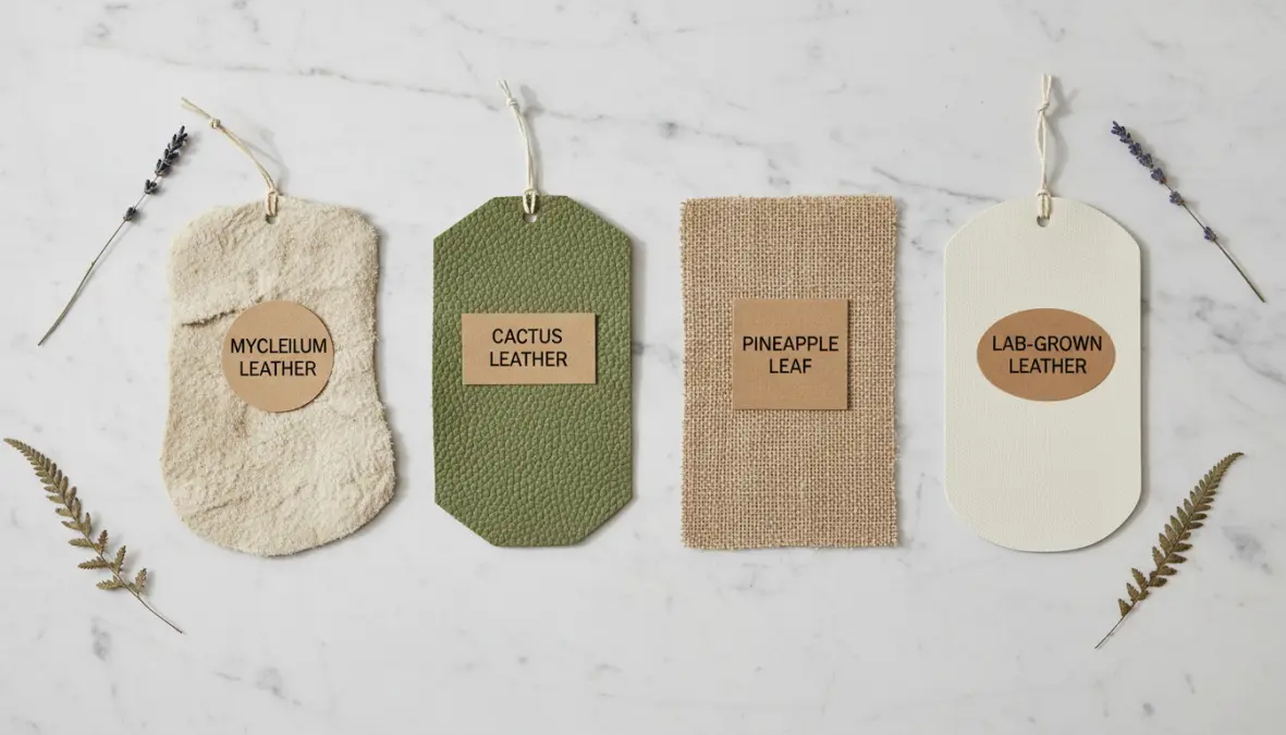 Sustainable fashion materials comparison showing vegan leather alternatives and mycelium fabric