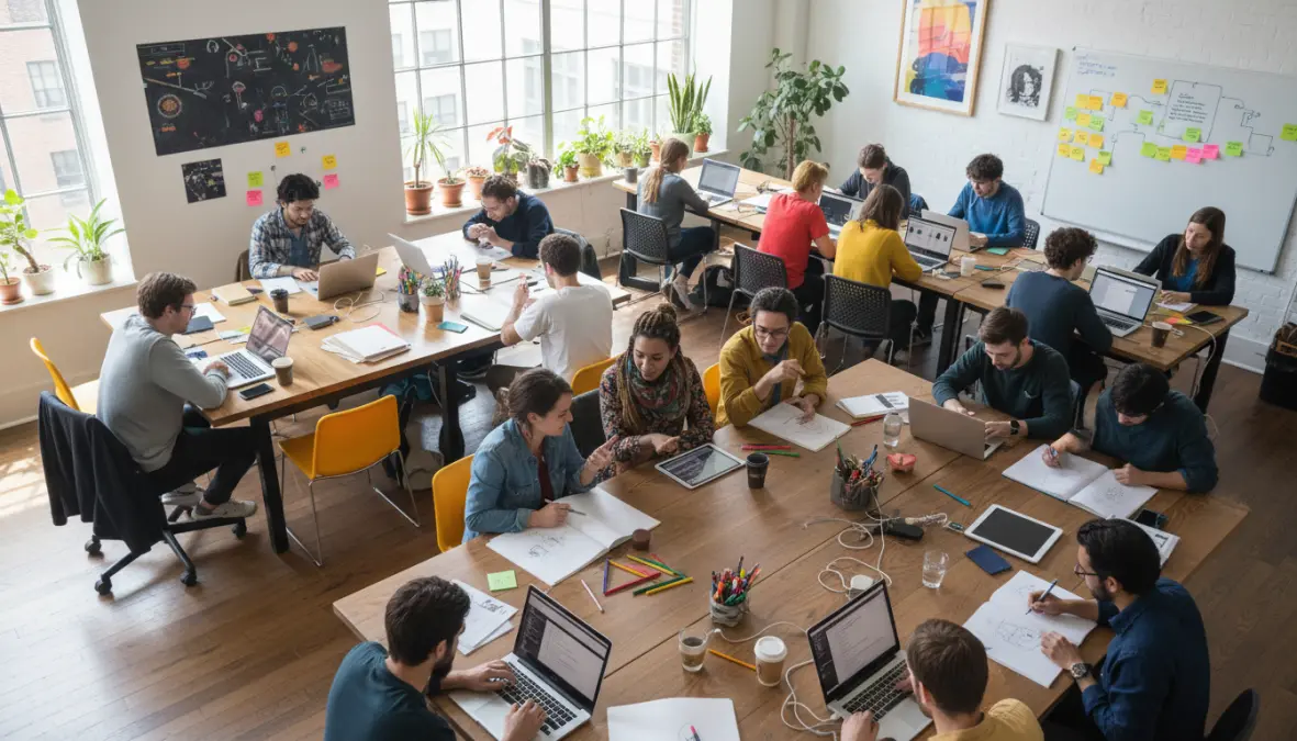 Multi-hyphenate professionals collaborating in flexible coworking environment