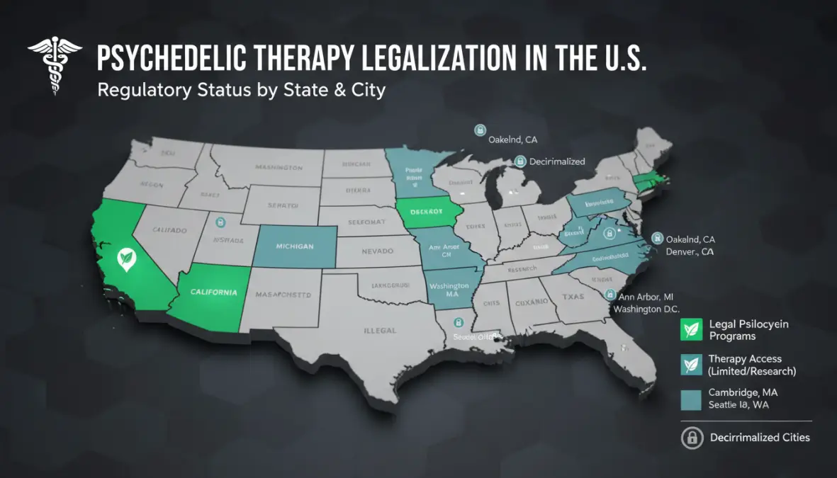 Mappa degli Stati Uniti che mostra le leggi sulla legalizzazione della psilocibina e le normative sulla terapia psichedelica per stato