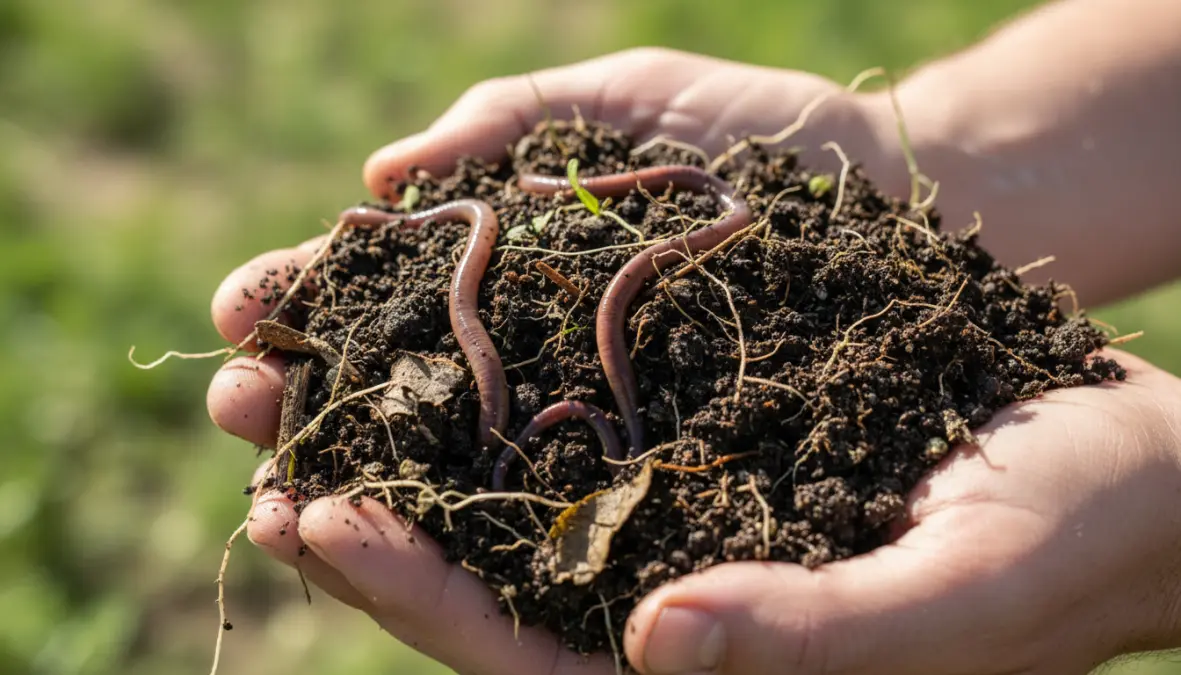 Healthy soil from regenerative farming methods showing improved soil health and biodiversity