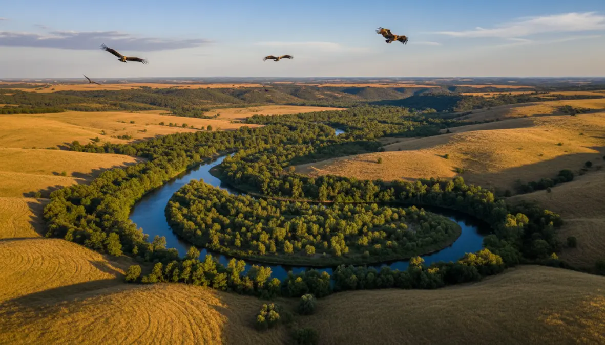 Greater Côa Valley rewilded landscape with wildlife corridors and restored Mediterranean ecosystem