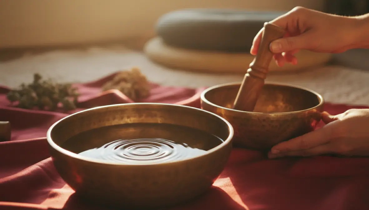Tibetan singing bowl creating healing frequencies and vibrations during sound bathing therapy