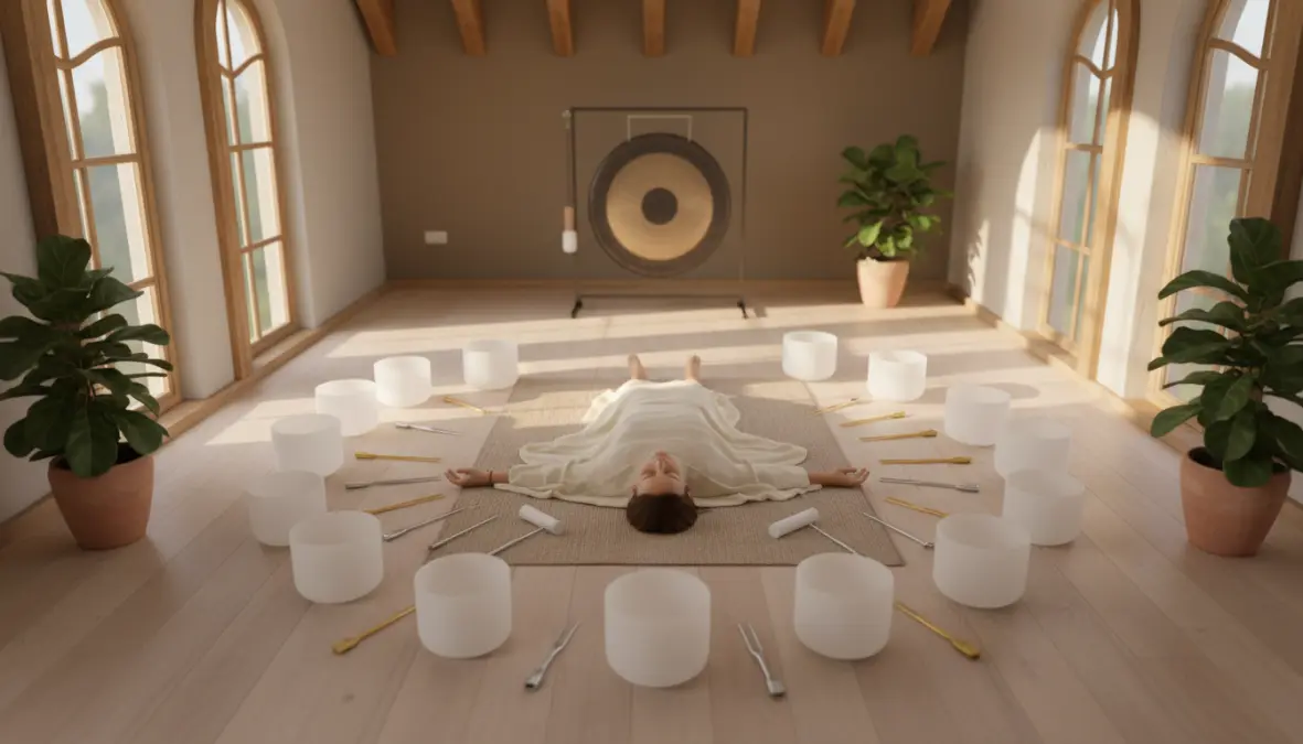 Person experiencing sound bathing benefits during vibrational therapy session with crystal bowls