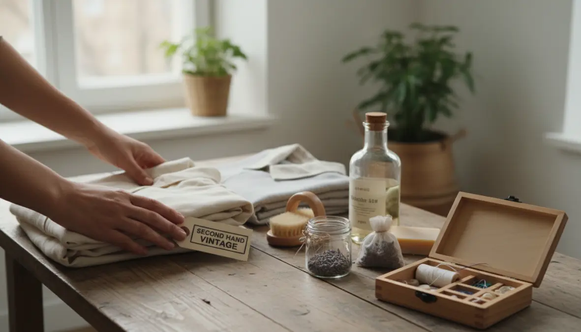 Sustainable fashion care practices showing quality over quantity and conscious consumption principles
