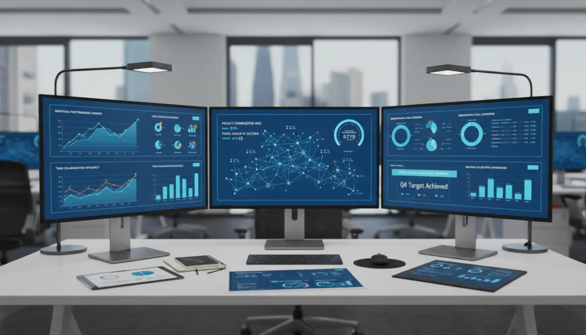 Four day work week productivity metrics and business performance data on analytics dashboard