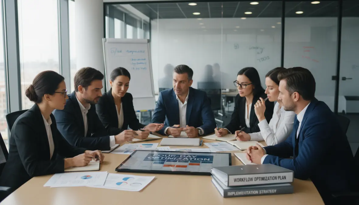Company team implementing four day work week schedule and planning workflow optimization