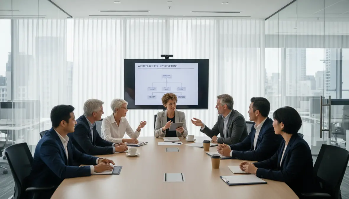 Employees engaged in discussion about workplace culture changes and organizational policies