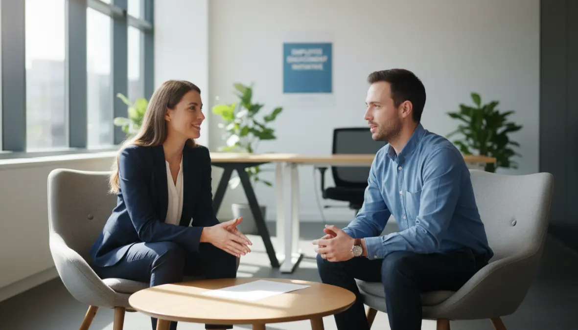 Manager implementing employee retention strategies through genuine conversation and active listening