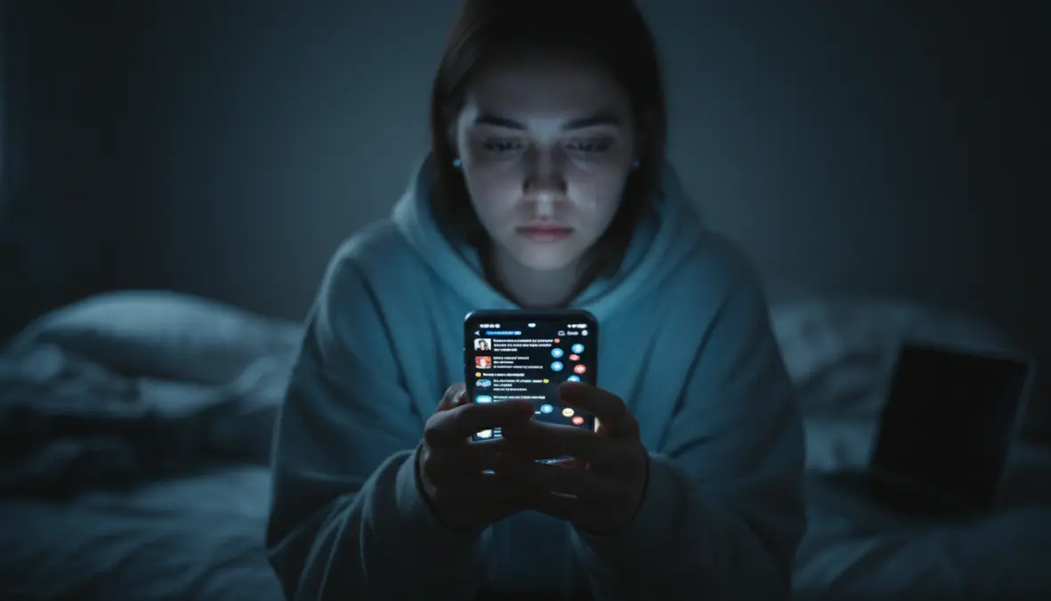 Giovane che usa i social media sentendosi solo, illustrando come la tecnologia contribuisce all'isolamento sociale