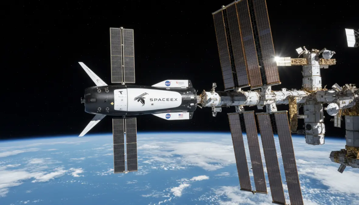 Commercial spaceflight vehicle docked to space station showing government and private space partnerships