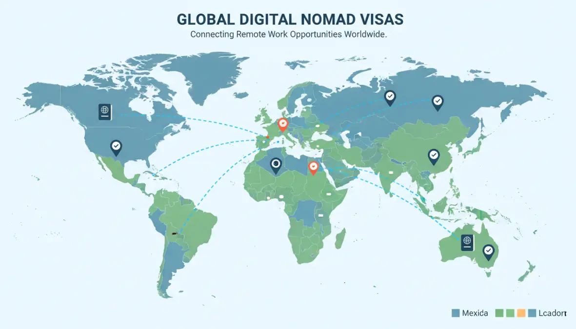 World map showing digital nomad countries with visa programs for remote workers