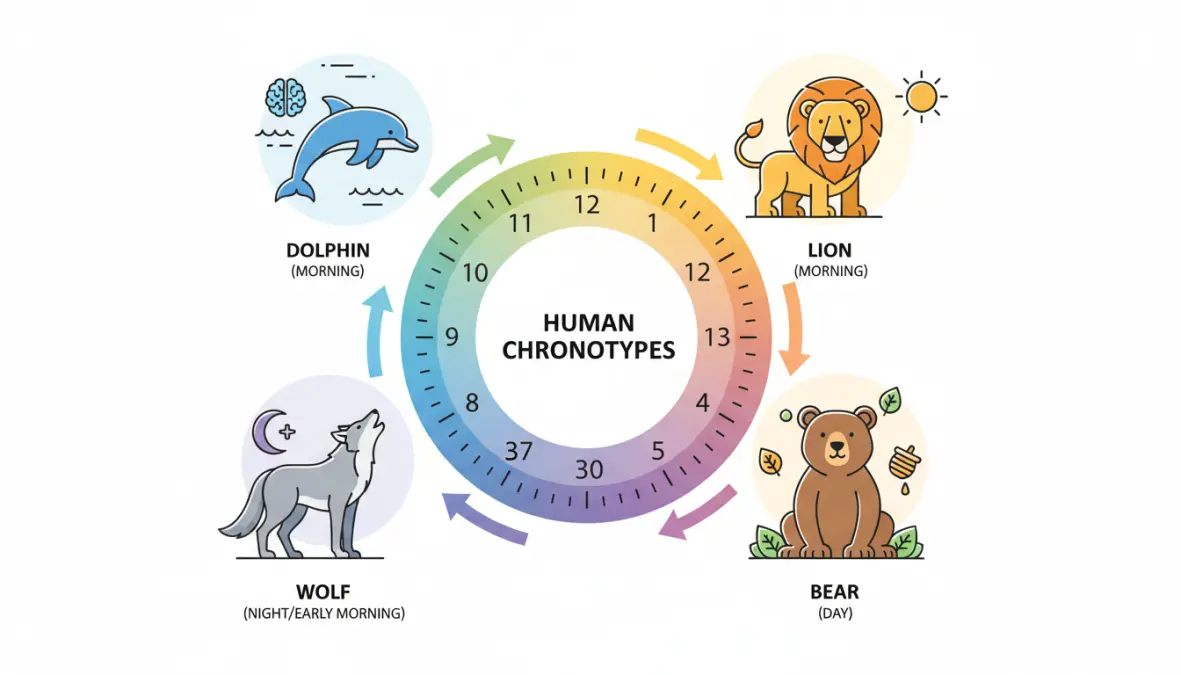 Visual representation of different chronotypes and their optimal activity times based on circadian rhythm