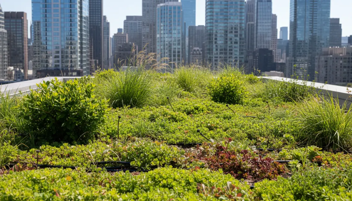 Green roof with vegetation and plants reducing urban heat island effect through evapotranspiration