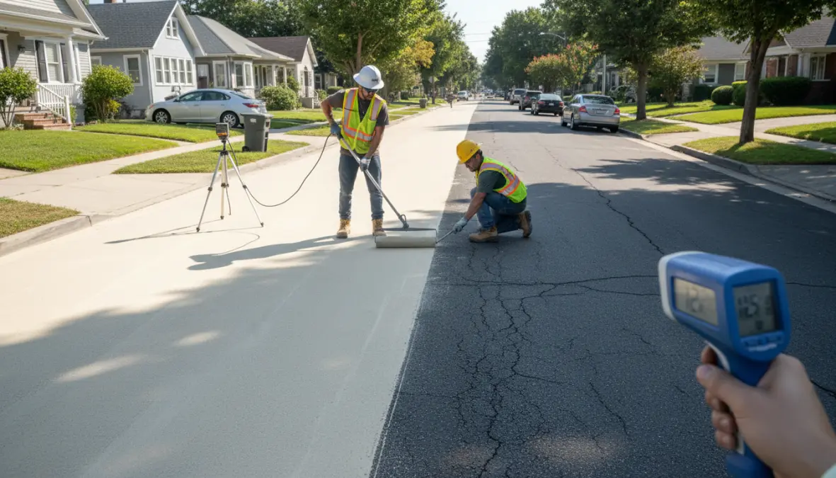 Cool pavement application using reflective surfaces to reduce urban temperatures and albedo effect