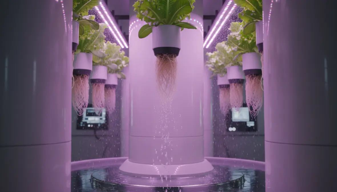 Aeroponic vertical farming system with suspended plants and misting technology for urban food production